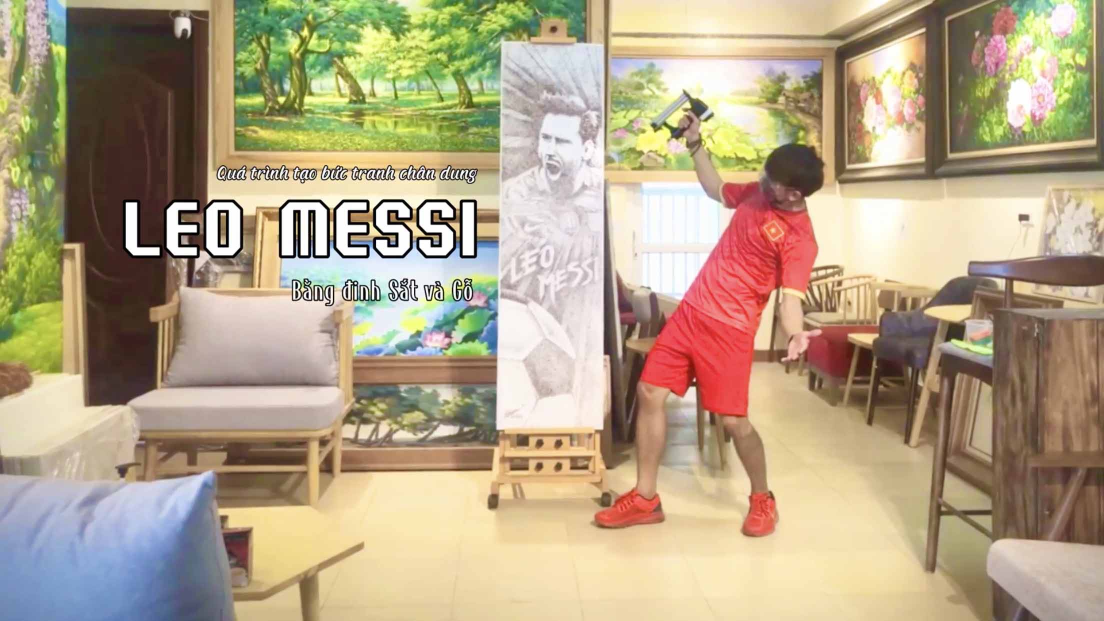 Quá trình tạo thành một bức tranh chân dung Leo Messi bằng Đinh Sắt và Gỗ